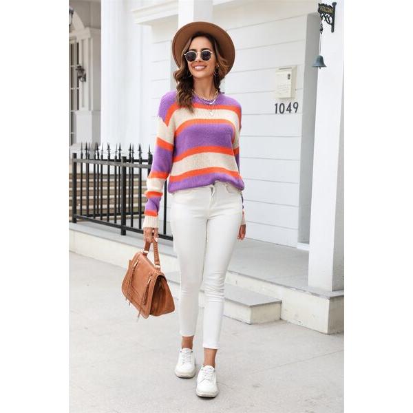 Color Block Round Neck Dropped Shoulder Sweater