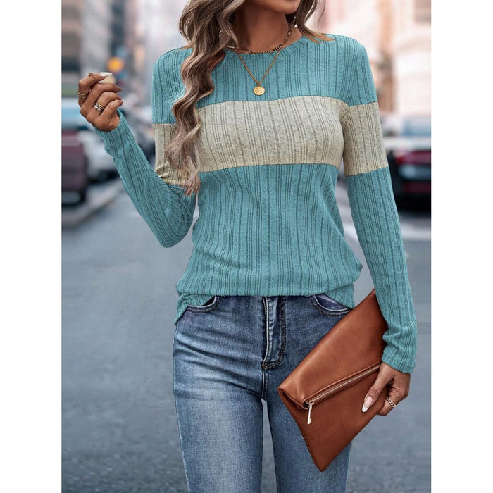 Color Block Round Neck Long Sleeve Top