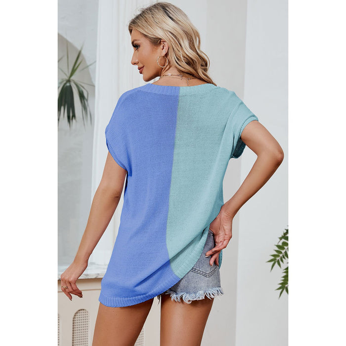 Color Block V-Neck Short Sleeve Knit Top