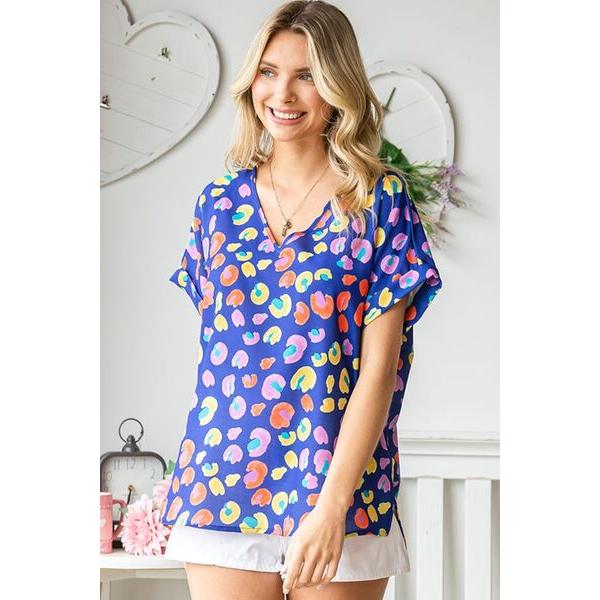 First Love Printed V-Neck Short Sleeve Blouse