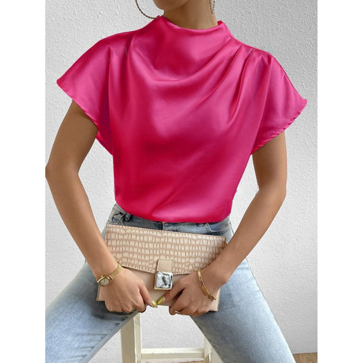 Ruched Mock Neck Short Sleeve Blouse