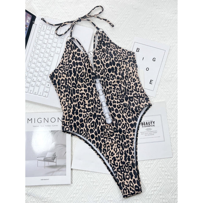 Leopard Cutout Halter Neck One-Piece Swimwear