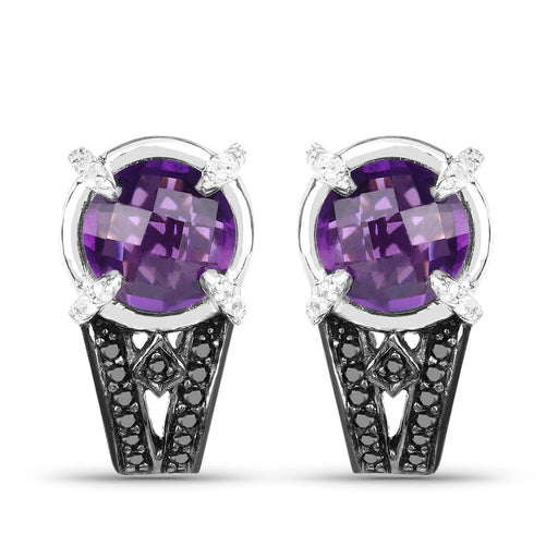 Bids.com 3.61 Carat Genuine Amethyst, Black Diamond and White Diamond .925 Sterling Silver Earrings Earrings