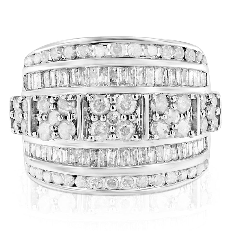 Bids.com .925 Sterling Silver 2.0 Cttw Round & Baguette Cut Diamond Multi-Row Channel Set Tapered Cocktail Fashion Ring (I-J Color, I3 Clarity) - Size 7 Rings