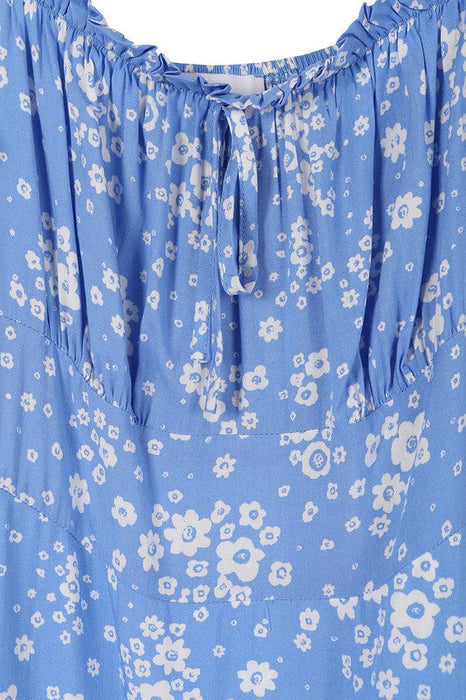 Lilou Bow-Tie Ruched Bust With Puff Sleeve Blue Floral Print Dress