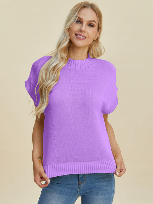 Full Size Mock Neck Short Sleeve Sweater