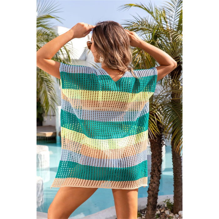 Openwork Striped V-Neck Short Sleeve Cover Up