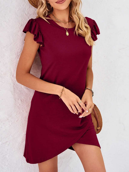 Ruffled Round Neck Cap Sleeve Mini Dress