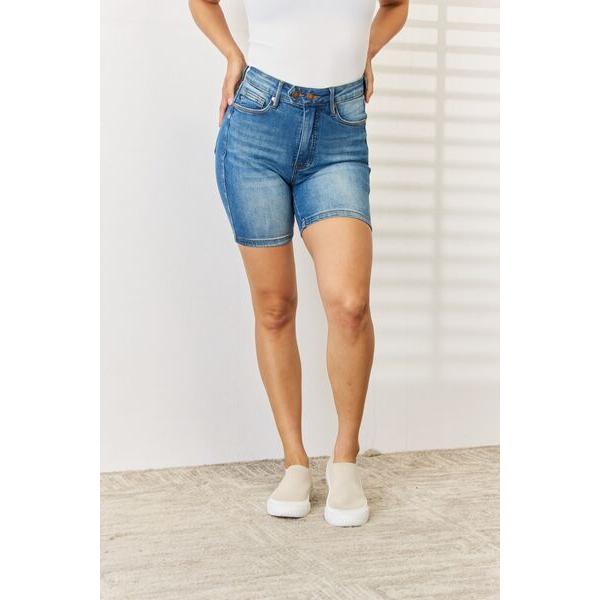 Tummy Control Double Button Bermuda Denim Shorts