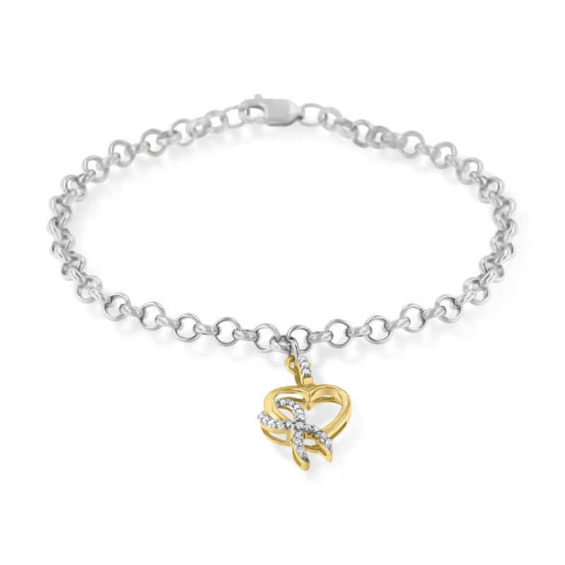 Bids.com 10K Yellow Gold 1/10 Cttw Diamond Awareness Ribbon & Heart Charm on 7" .925 Sterling Silver Rolo Bracelet (H-I Color, I1-I2 Clarity) Bracelets