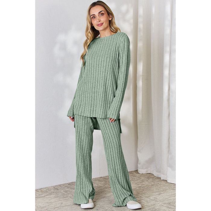 Basic Bae Ribbed High-Low Top and Wide Leg Pants Set