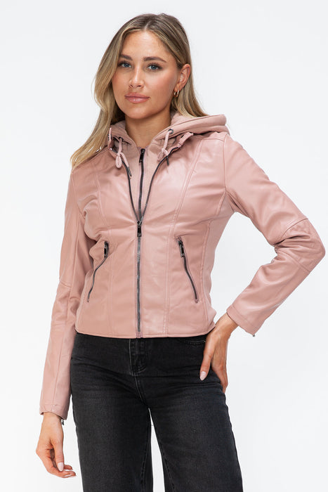 Faux Leather Zip Up Drawstring Hooded Jacket