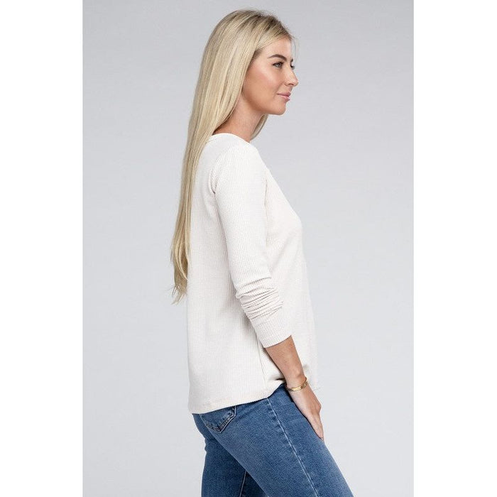 Melange Baby Waffle V-Neck Long Sleeve Top