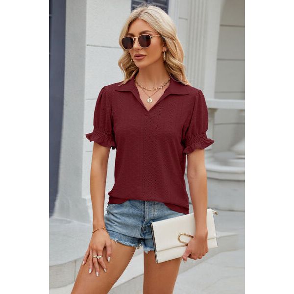 Eyelet Johnny Collar Short Sleeve Blouse