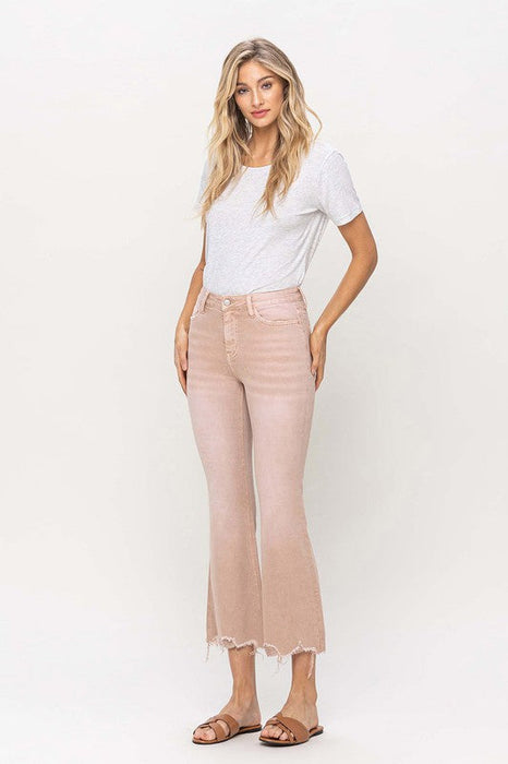 High Rise Distressed Hem Crop Flare Jeans