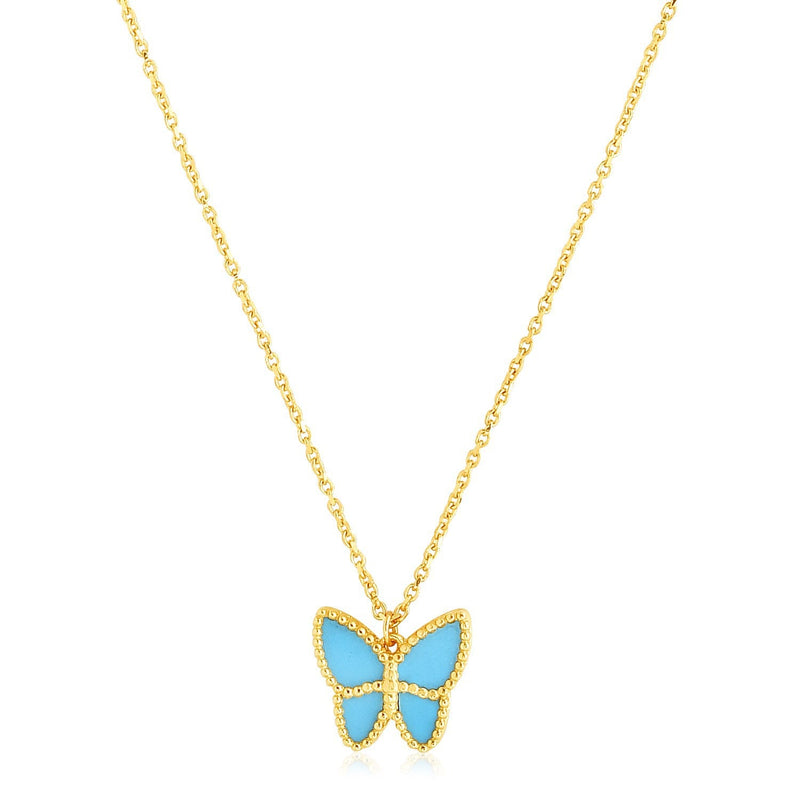 Bids.com 14k Yellow Gold High Polish Butterfly Turquoise Paste Necklace Necklaces