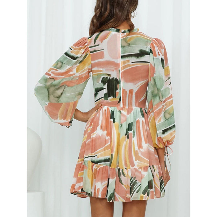 Printed Mock Neck Balloon Sleeve Mini Dress