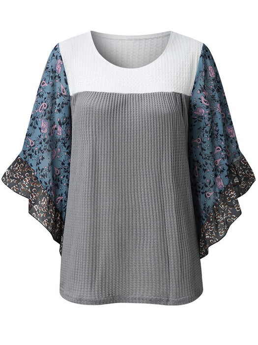 Printed Round Neck Three-Quarter Sleeve Blouse