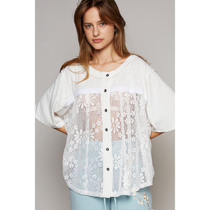 POL Round Neck Short Sleeve Lace Top