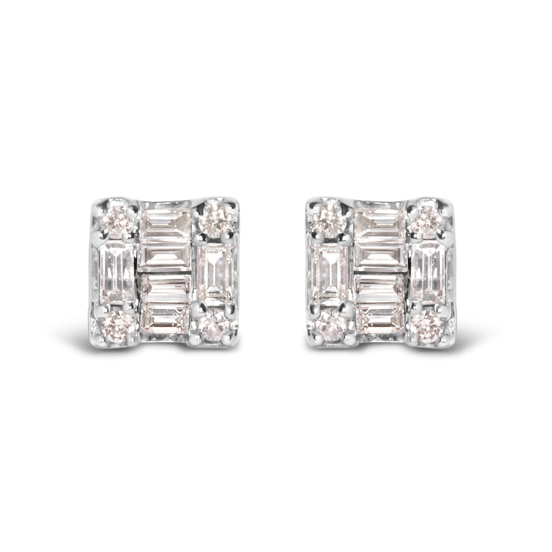 Bids.com 10K White Gold 1/7 Cttw Round and Baguette Diamond Mosaic Square Stud Earrings (H-I Color, I1-I2 Clarity) Earrings