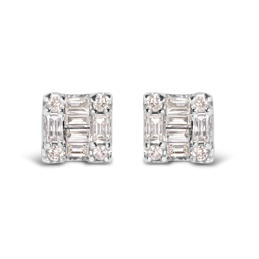 Bids.com 10K White Gold 1/7 Cttw Round and Baguette Diamond Mosaic Square Stud Earrings (H-I Color, I1-I2 Clarity) Earrings