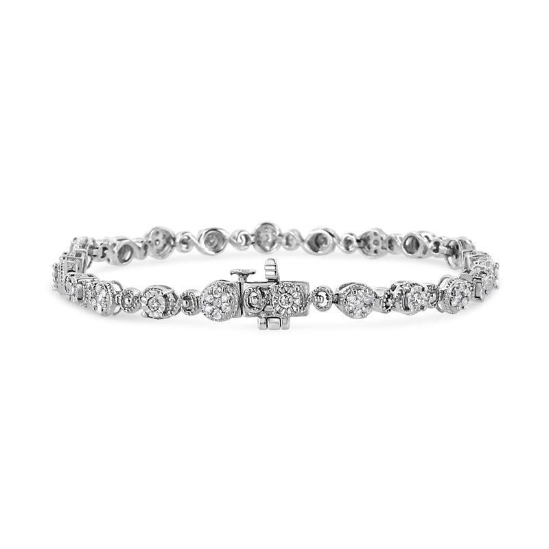 Bids.com .925 Sterling Silver 1.0 Cttw Diamond Swirl Beaded Link Bracelet (I-J Color, I3-Promo Clarity) - 7.25" Inches Bracelets