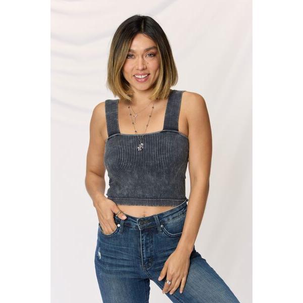 Zenana Washed Ribbed Wide Strap Cropped Cami