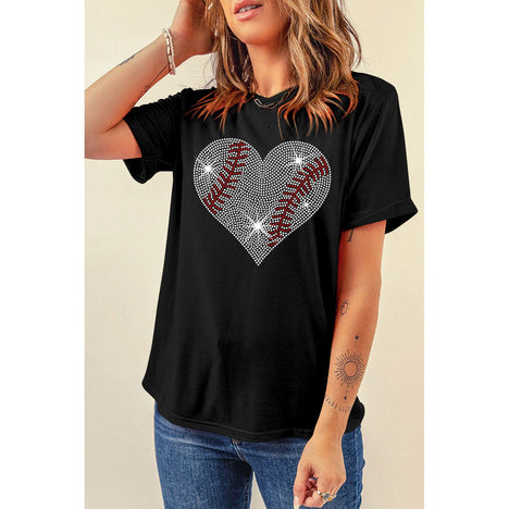 Rhinestone Heart Round Neck Short Sleeve T-Shirt