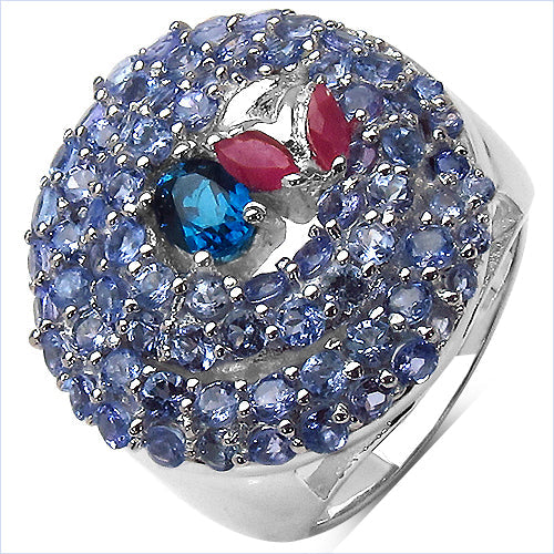 Bids.com 3.31 Carat Genuine London Blue Topaz , Ruby & Tanzanite .925 Sterling Silver Ring Rings