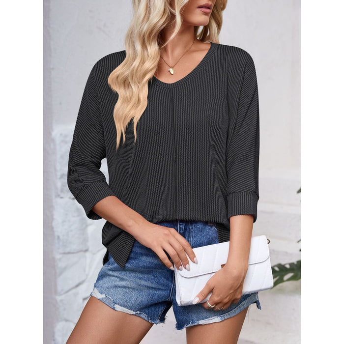 Textured Round Neck Three-Quarter Sleeve Blouse