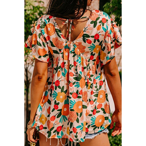 Printed V-Neck Short Sleeve Blouse