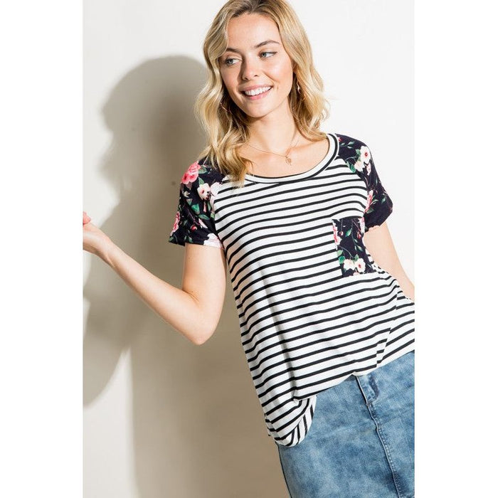 STRIPE FLORAL MIX SHORT SLEEVE TOP