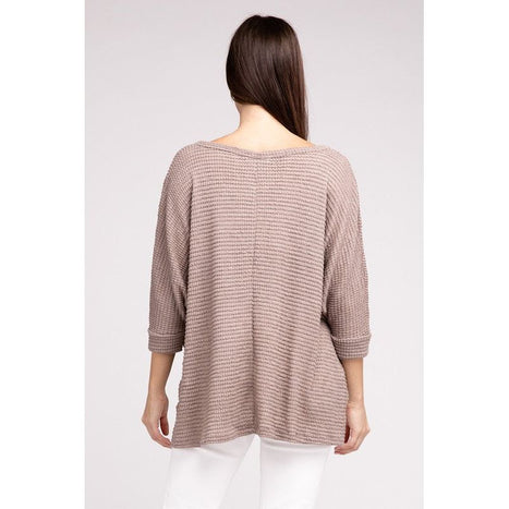 3/4 Sleeve V-Neck Hi-Low Hem Jacquard Sweater