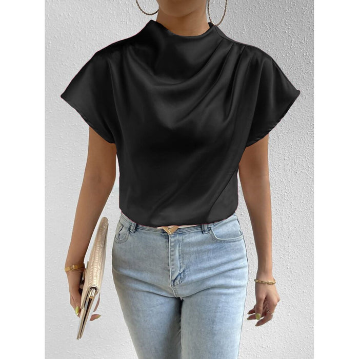 Ruched Mock Neck Short Sleeve Blouse