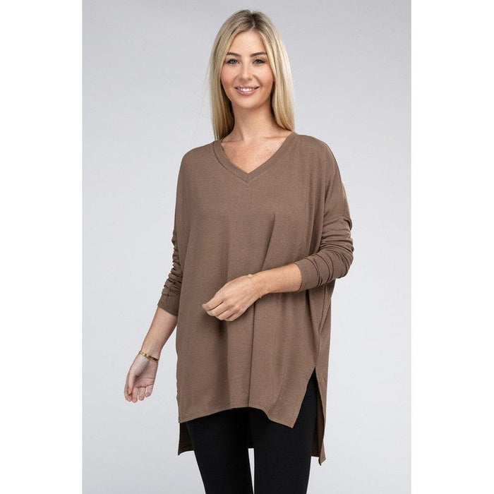 Dolman Long Sleeve V-Neck Side Slit Hi-Low Hem Top