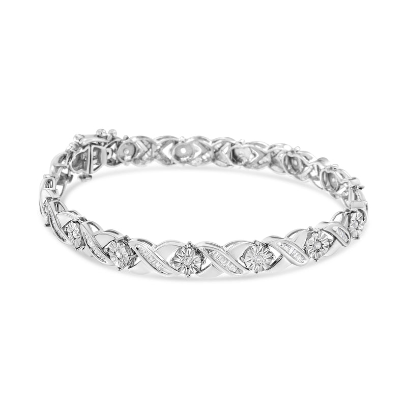 Bids.com .925 Sterling Silver 1.0 Cttw Round-Brilliant and Baguette Cut Diamond Miracle-Set X-Link 7" Tennis Bracelet (I-J Color, I2-I3 Clarity) Bracelets