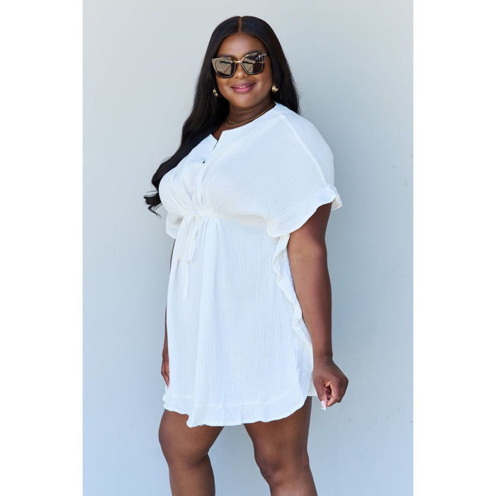 Ruffle Hem Dress with Drawstring Waistband in White