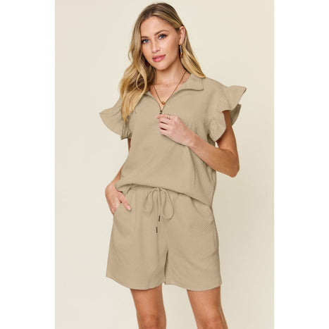 Texture Flounce Sleeve Top and Drawstring Shorts Set