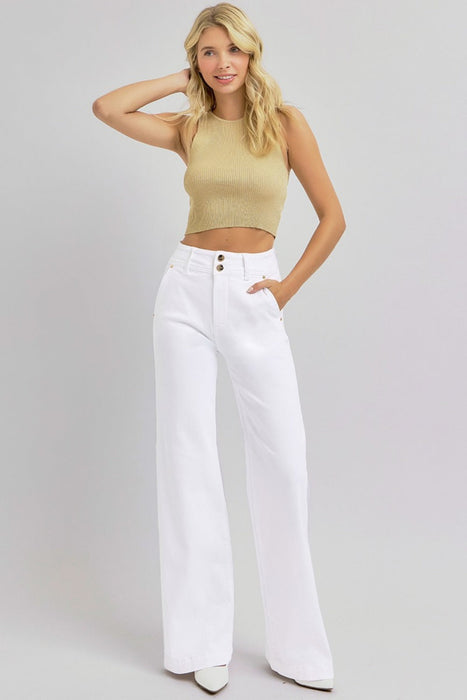 Full Size Tummy Control Double Button Wide Leg Jeans