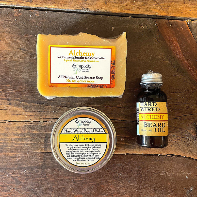 Soaplicity Bearded Trio Gift Set with Hard Wired Beard Oil, Balm, & Body Soap Bar Bundles