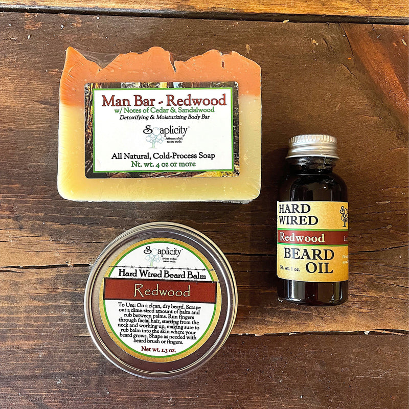 Soaplicity Bearded Trio Gift Set with Hard Wired Beard Oil, Balm, & Body Soap Bar Bundles