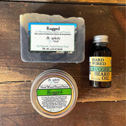 Soaplicity Bearded Trio Gift Set with Hard Wired Beard Oil, Balm, & Body Soap Bar Bundles