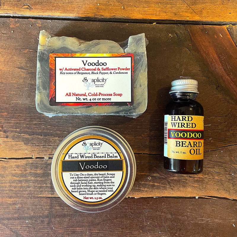 Soaplicity Bearded Trio Gift Set with Hard Wired Beard Oil, Balm, & Body Soap Bar Bundles