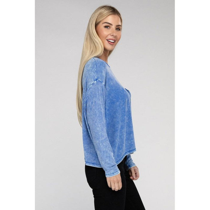 Washed Ribbed Dolman Sleeve Round Neck Top