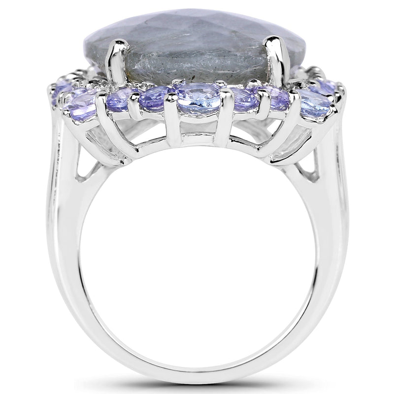 Bids.com 13.99 Carat Genuine Labradorite and Tanzanite .925 Sterling Silver Ring Rings