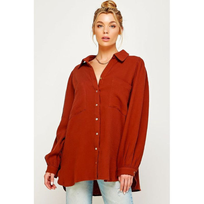 TEXTURED GAUZE BUTTON DOWN PUFF SLEEVES BLOUSE TOP