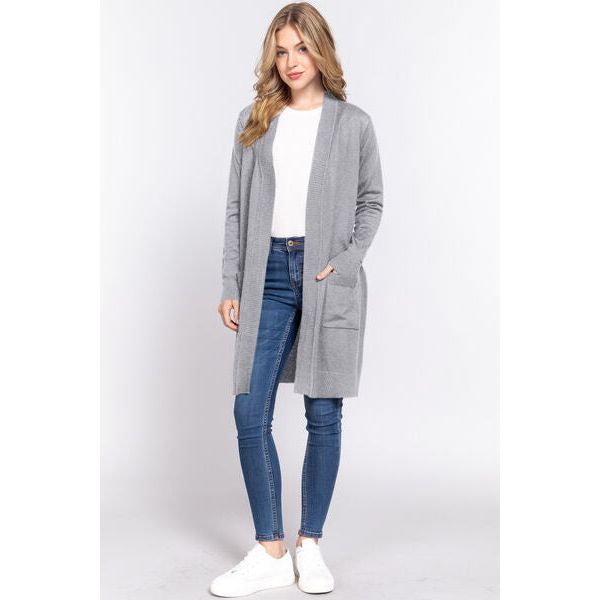 ACTIVE BASIC Open Front Rib Trim Long Sleeve Knit Cardigan