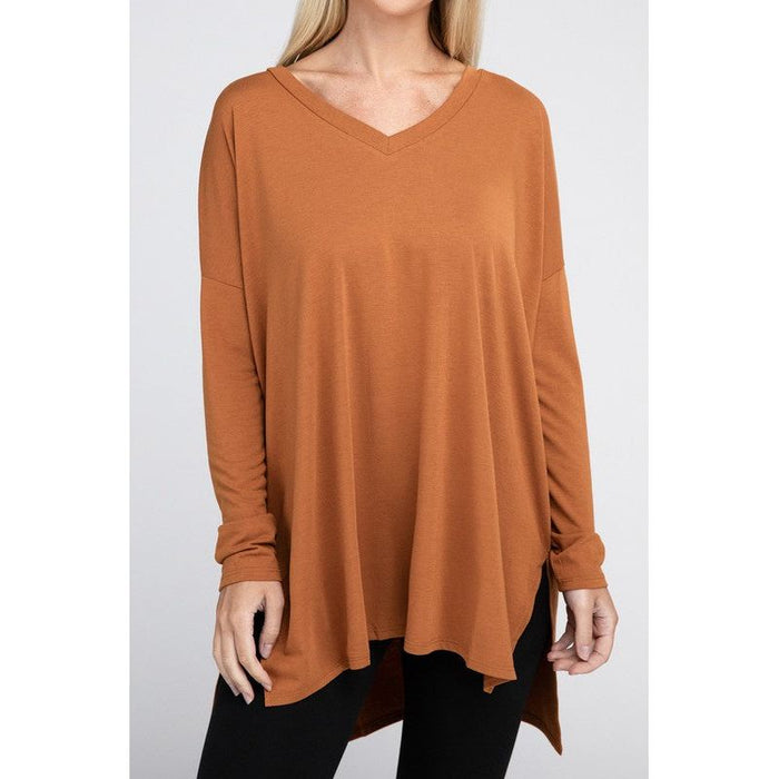 Dolman Long Sleeve V-Neck Side Slit Hi-Low Hem Top