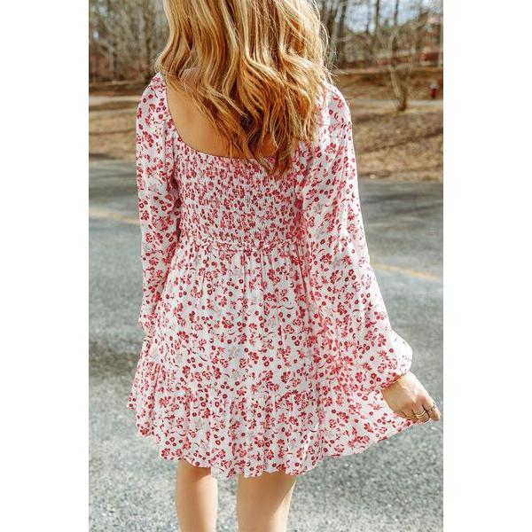 Smocked Floral Square Neck Balloon Sleeve Dress