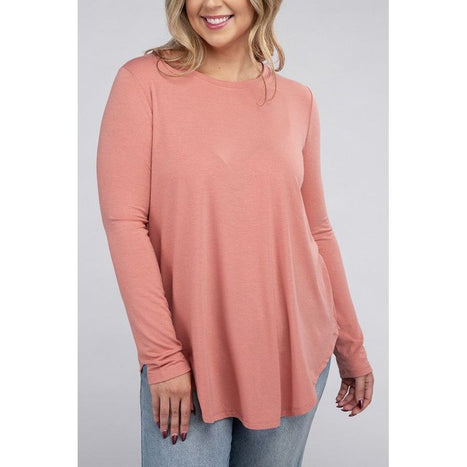 Plus Long Sleeve Round Neck Round Hem Top